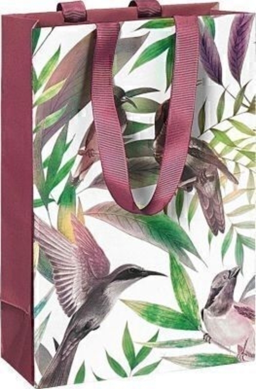 Humming Bird Gift Bag - Samora Small by Stewo A beautiful contemporary Hummingbird patterned Samora gift bag by Swiss designer Stewo. This gift bag is made from metallised paper and has dusky pink ribbon handles. This bag has all the quality and detailing you would expect from Stewo. Size 15x8x23cm